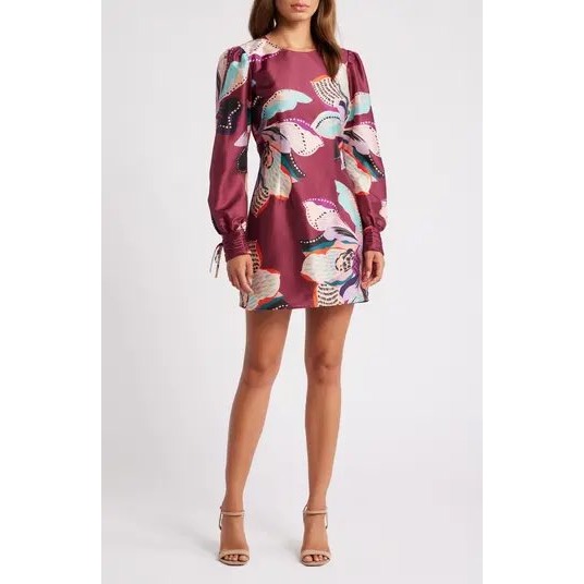 Hutch Womens Burgundy Floral Satin Puff Sleeve Mini Dress Size Large Nwt